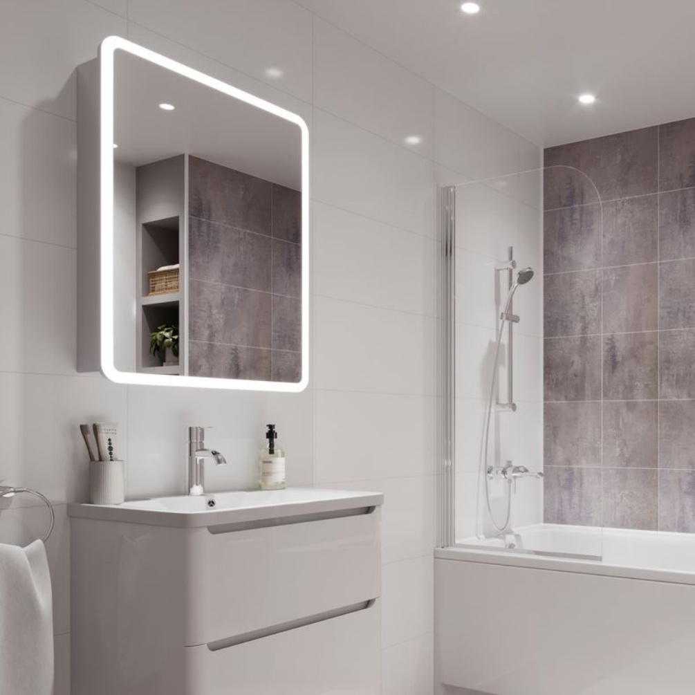 Lifestyle image of the Showerwall Laminate Snow White 2400mm x 600mm Rectangle Tile Effect Wall Panel - SWT11 installed behind a vanity unit and square LED mirror